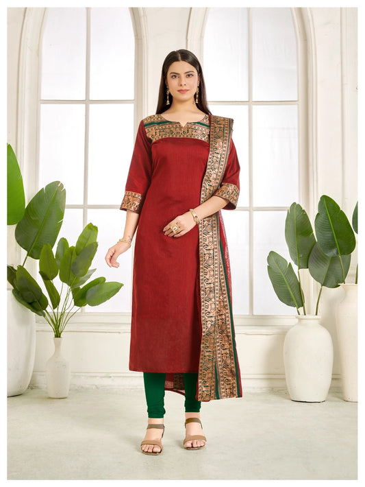 South Indian Kanchi Cotton Maroon Kurti And Dupatta - Rheycart