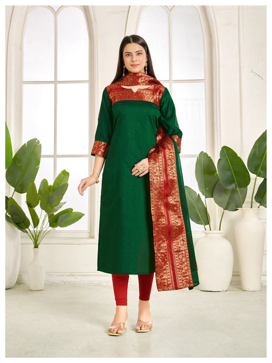 Green Color Pure Kanchi Cotton Kurti And Dupatta - Rheycart