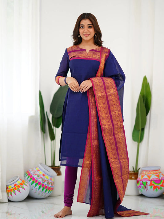 Kurti and Dupatta Pure Kanchi Cotton in Blue For Women - Rheycart