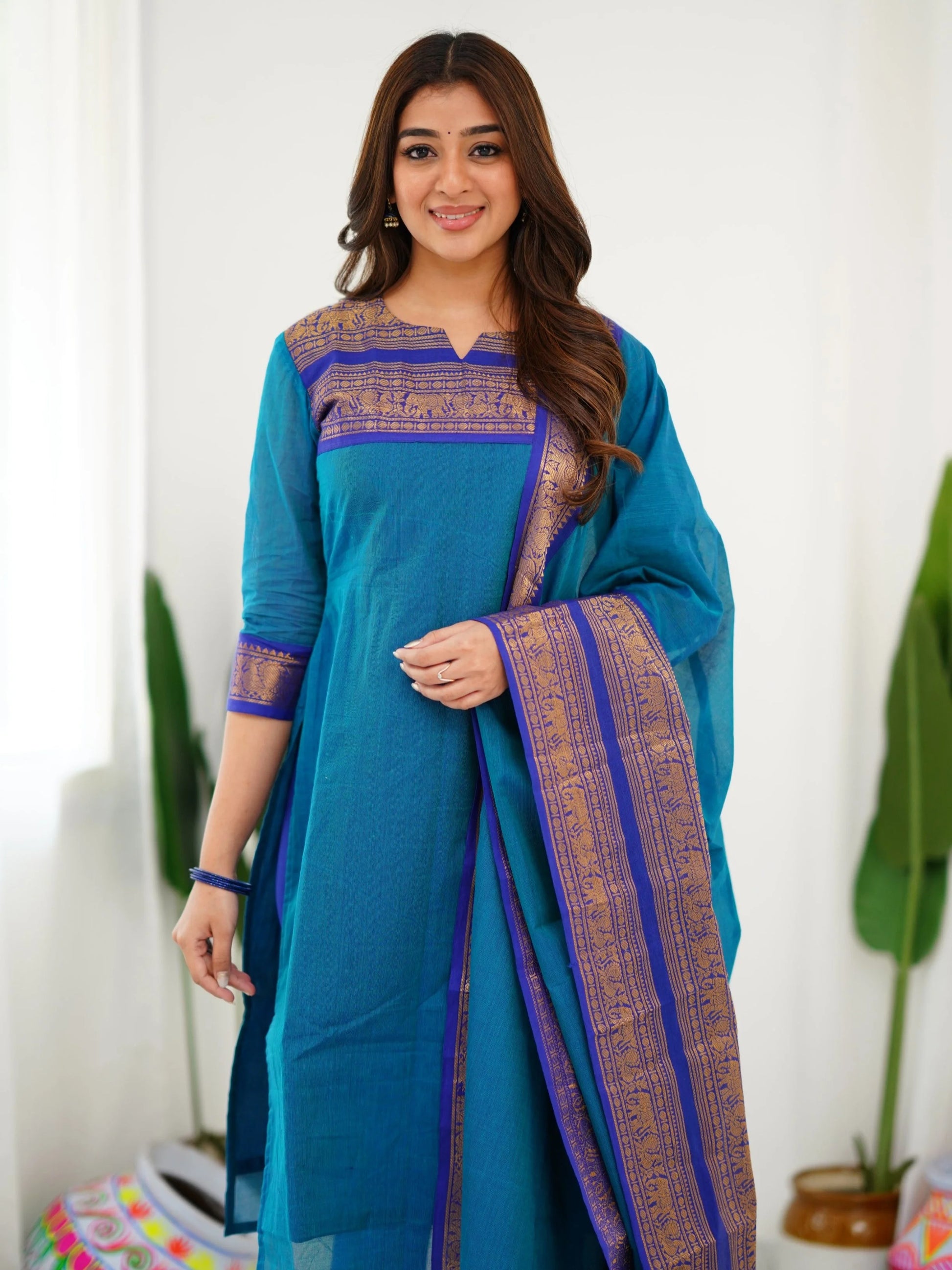 Pure Kanchi Cotton Firozi Color Kurti And Dupatta - Rheycart
