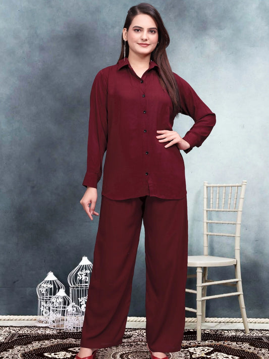 Crinkle Cotton Maroon Co-ord Set For Women - Rheycart
