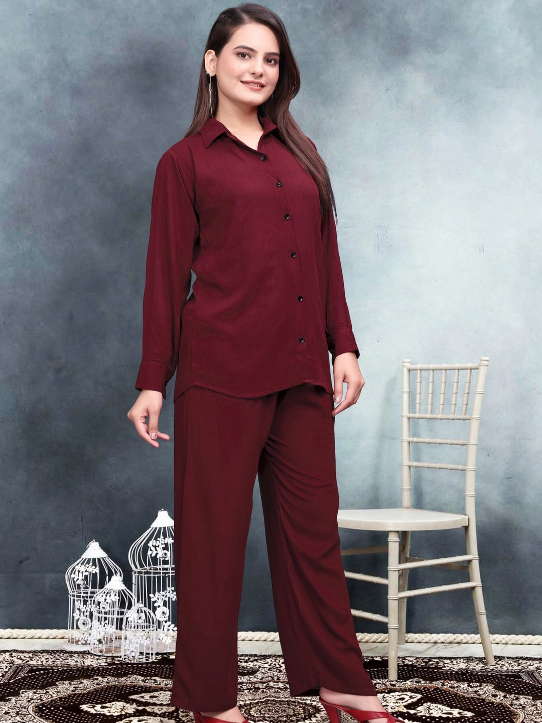 Crinkle Cotton Maroon Co-ord Set For Women - Rheycart