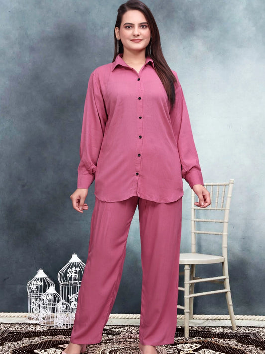 Crinkle Cotton Pink Long Sleeves Co-ord Set - Rheycart