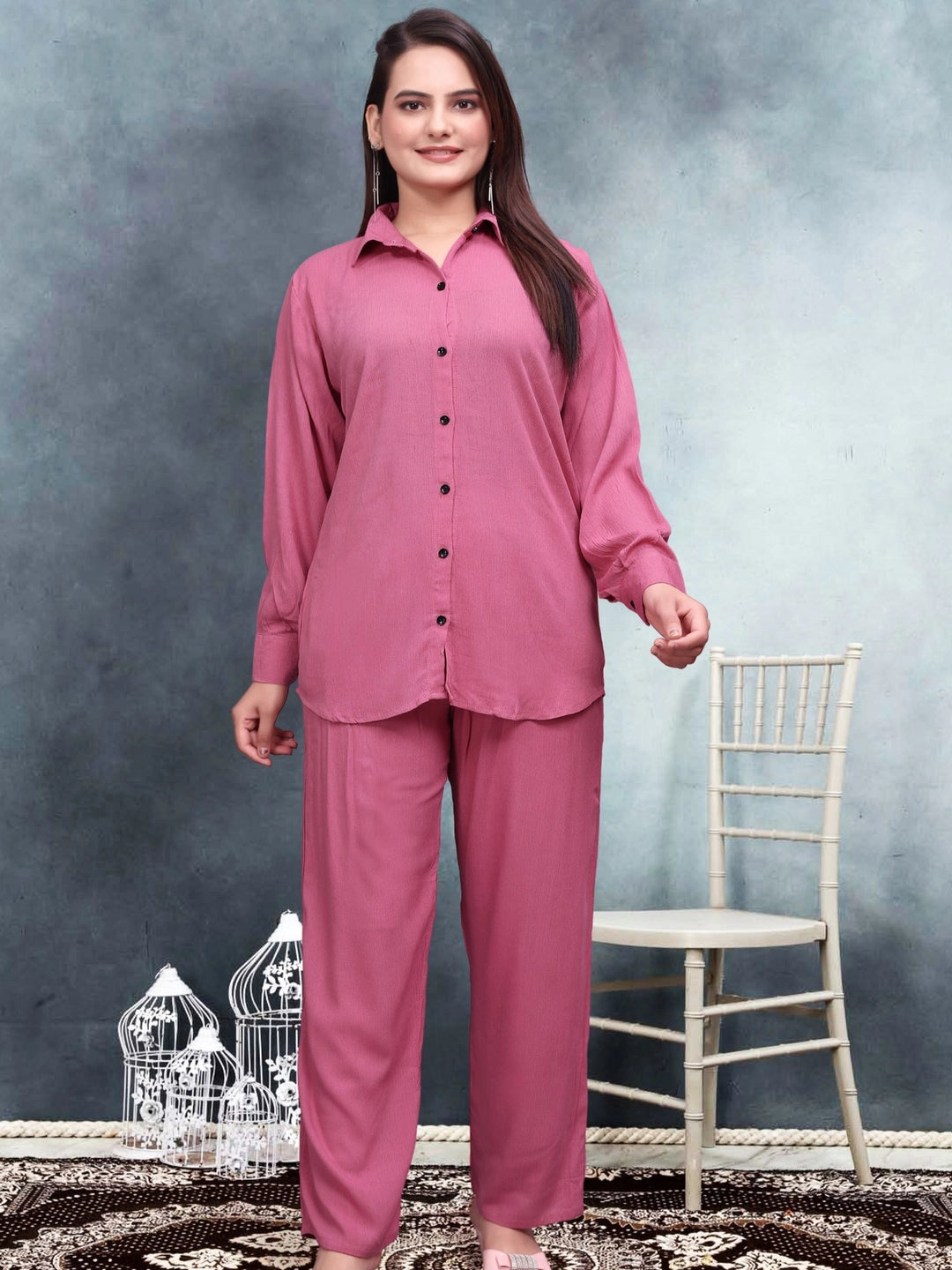 Crinkle Cotton Pink Long Sleeves Co-ord Set - Rheycart