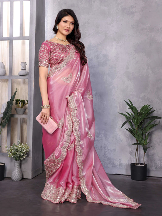 Jimmy Choo Chiffon Embroidery Work Saree - Rheycart
