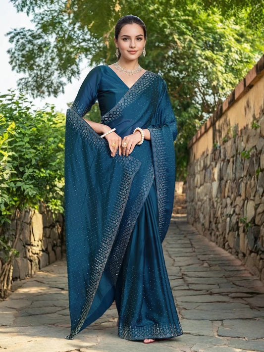 Teal Blue Georgette Saree With Swarovski Work - Rheycart