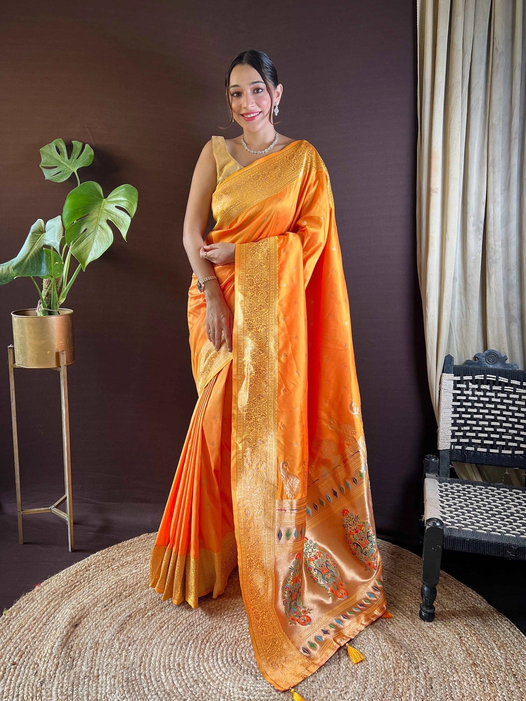 Orange Paithani Silk Saree With Unstiched Blouse - Rheycart