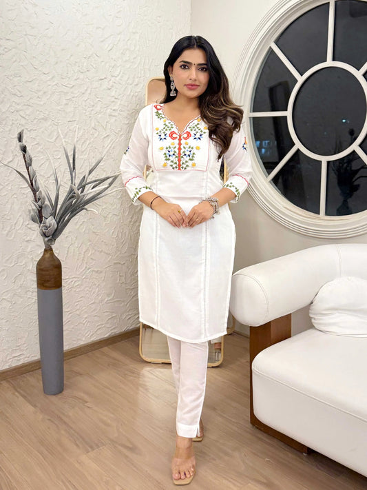 White Cotton Embroidery and Khatli Work Kurta Set
