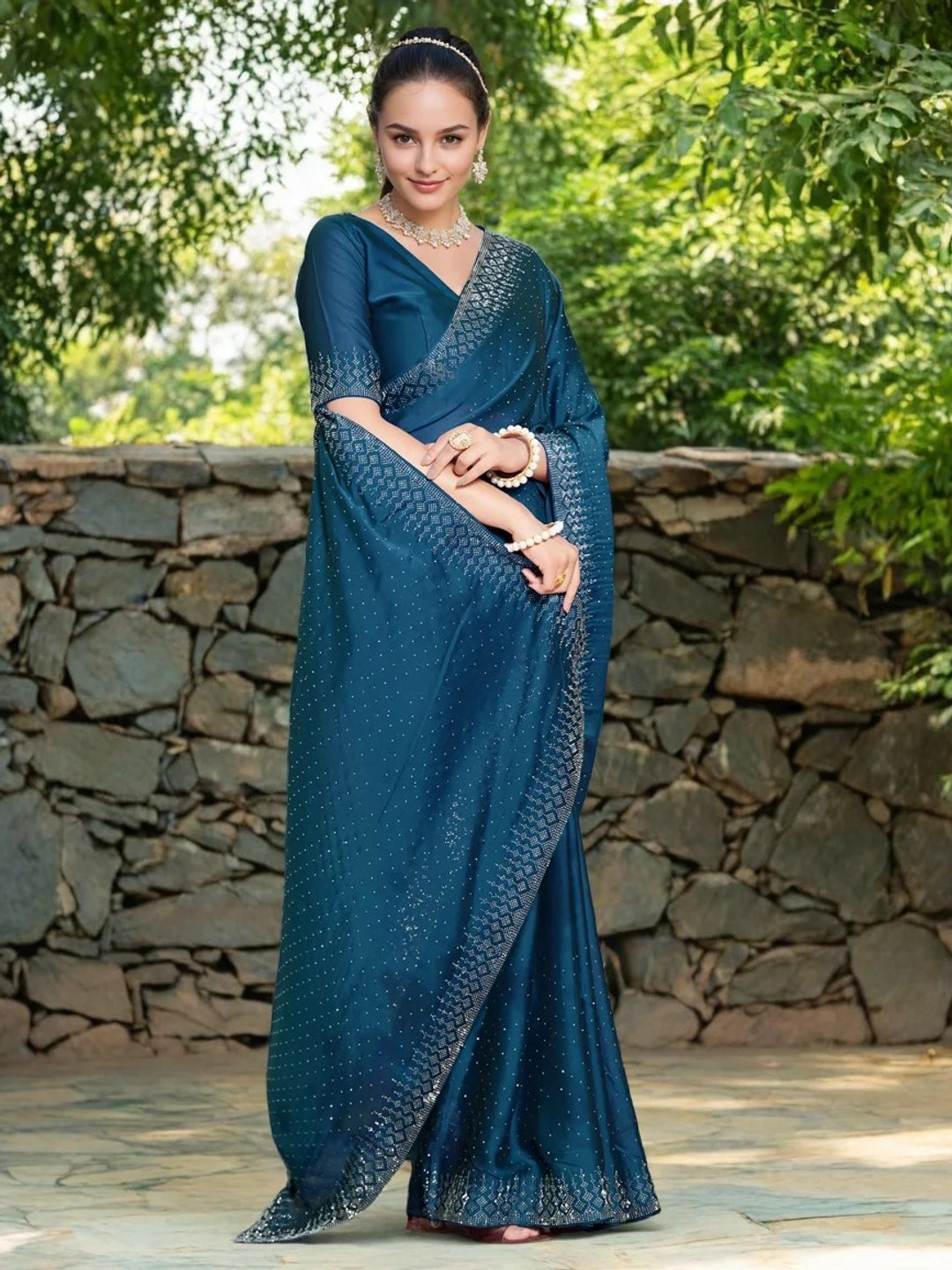 Teal Blue Georgette Saree With Swarovski Work - Rheycart