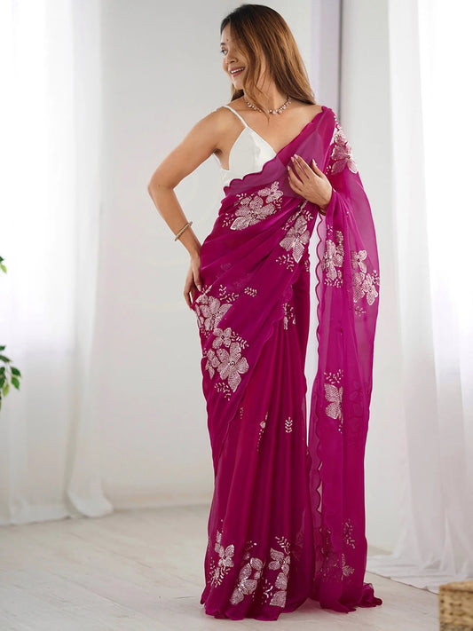 Rani Jimmy Choo Embroidered Chiffon Saree - Rheycart