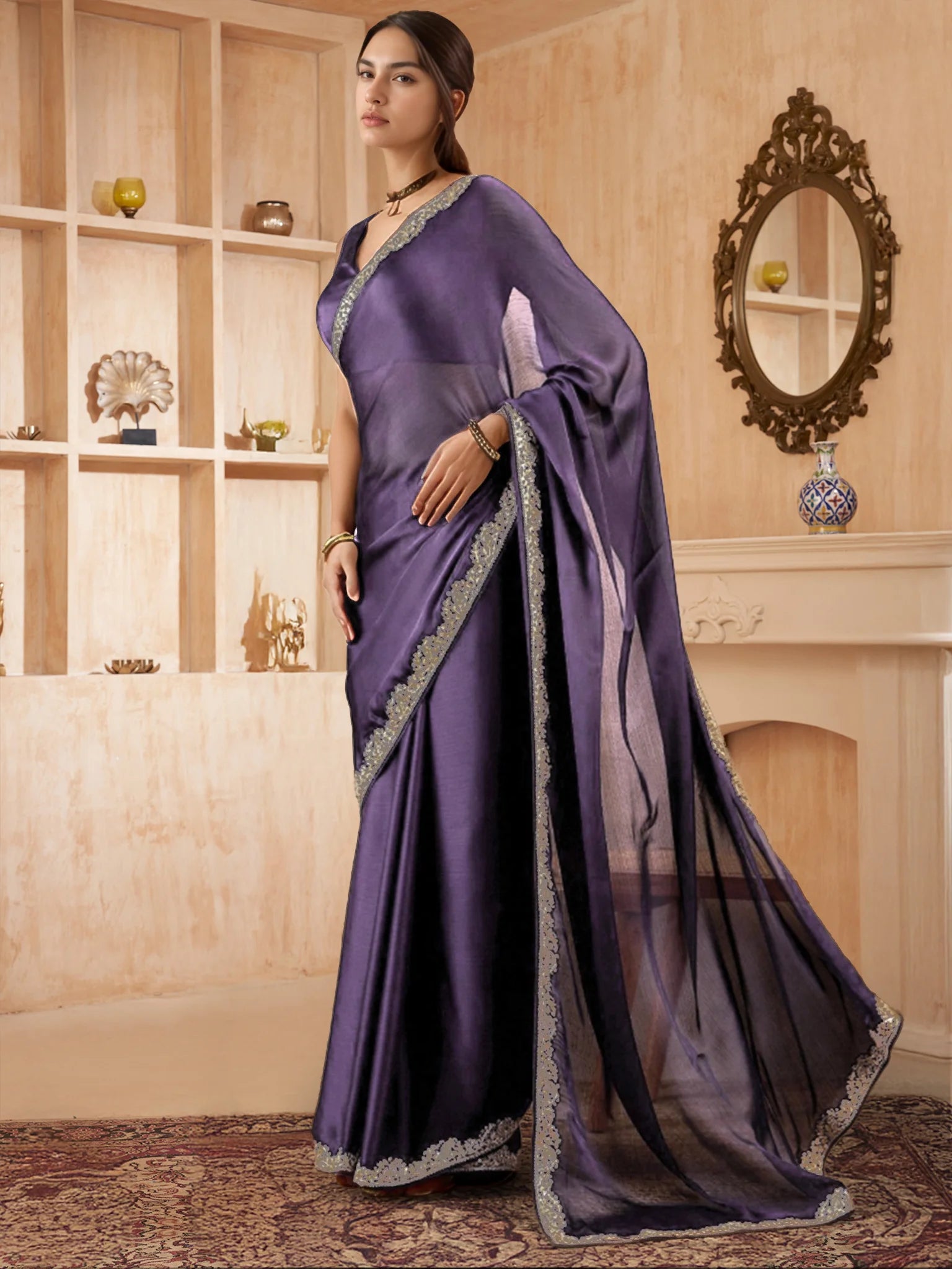 Lavender Plain Silk Saree With Plain Blouse - Rheycart