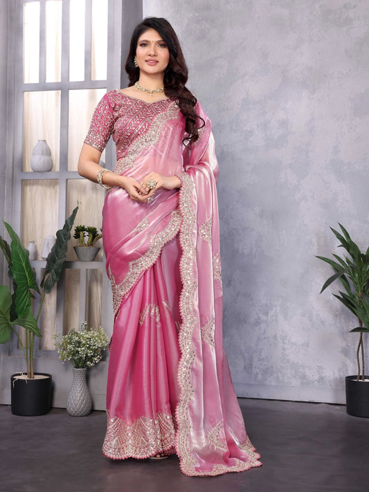 Jimmy Choo Chiffon Embroidery Work Saree - Rheycart