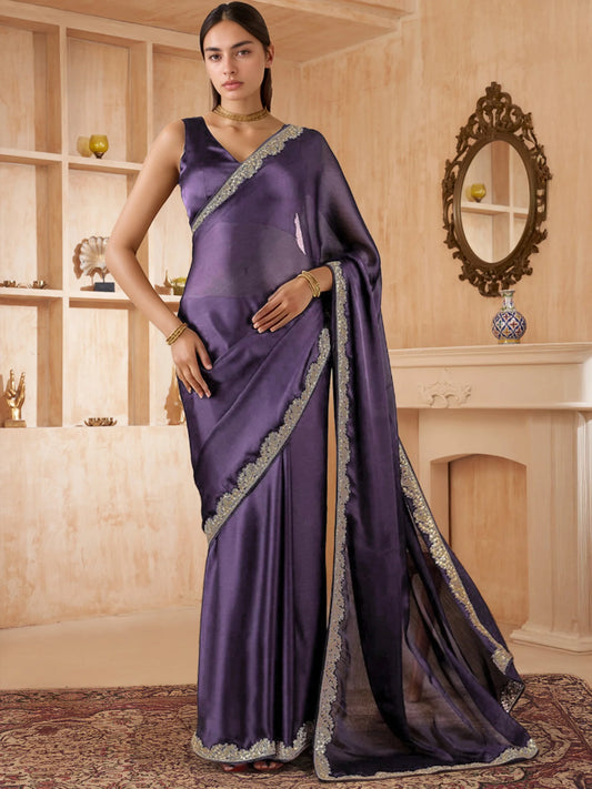 Lavender Plain Silk Saree With Plain Blouse - Rheycart