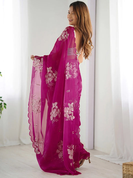 Rani Jimmy Choo Embroidered Chiffon Saree - Rheycart