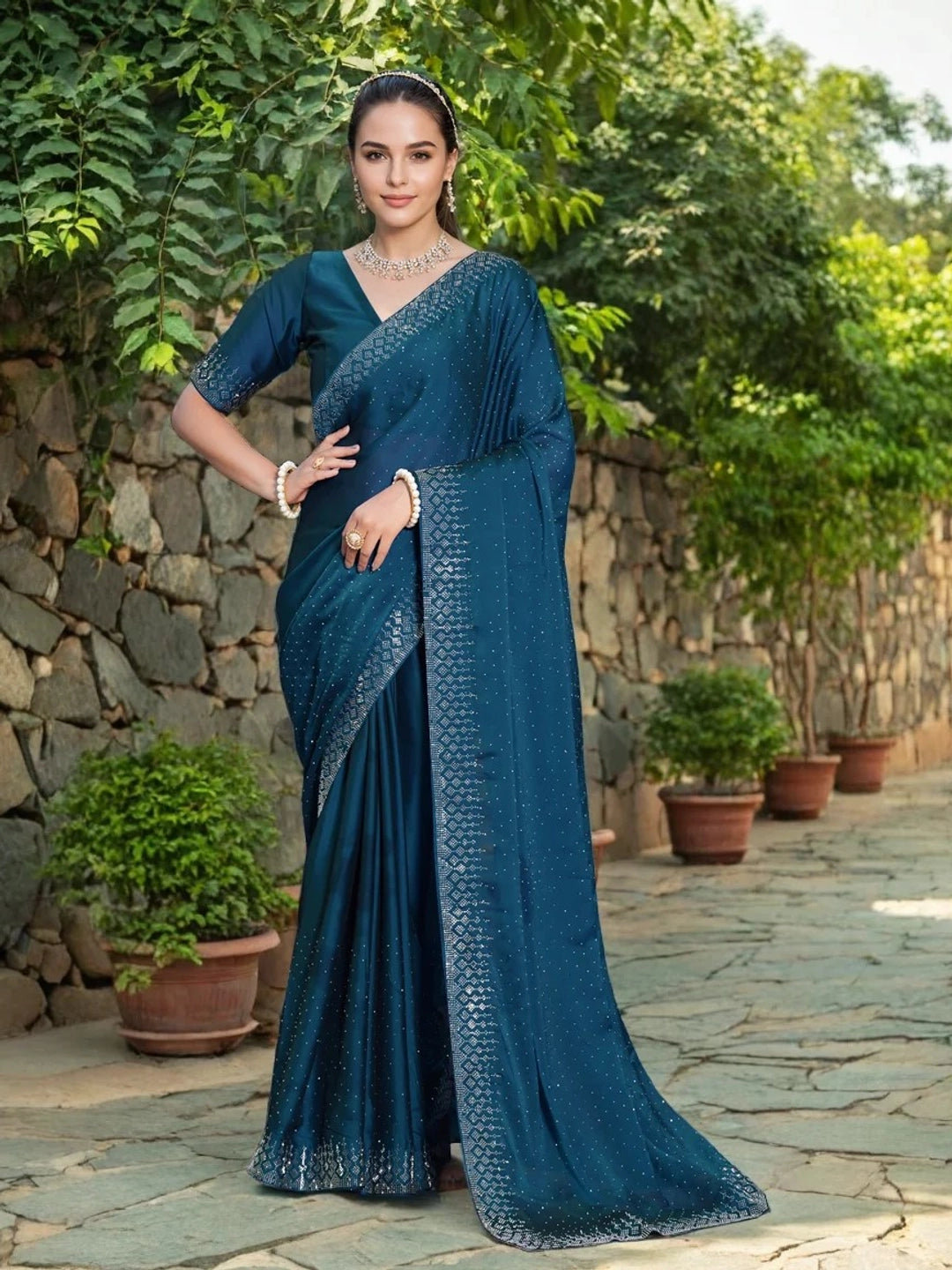 Teal Blue Georgette Saree With Swarovski Work - Rheycart