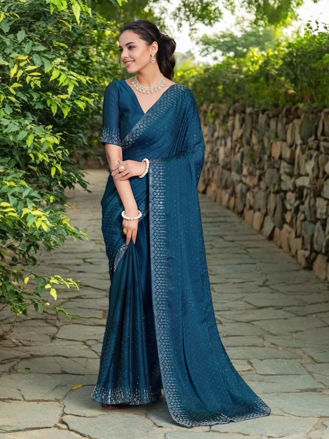 Teal Blue Georgette Saree With Swarovski Work - Rheycart