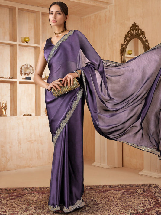 Lavender Plain Silk Saree With Plain Blouse - Rheycart
