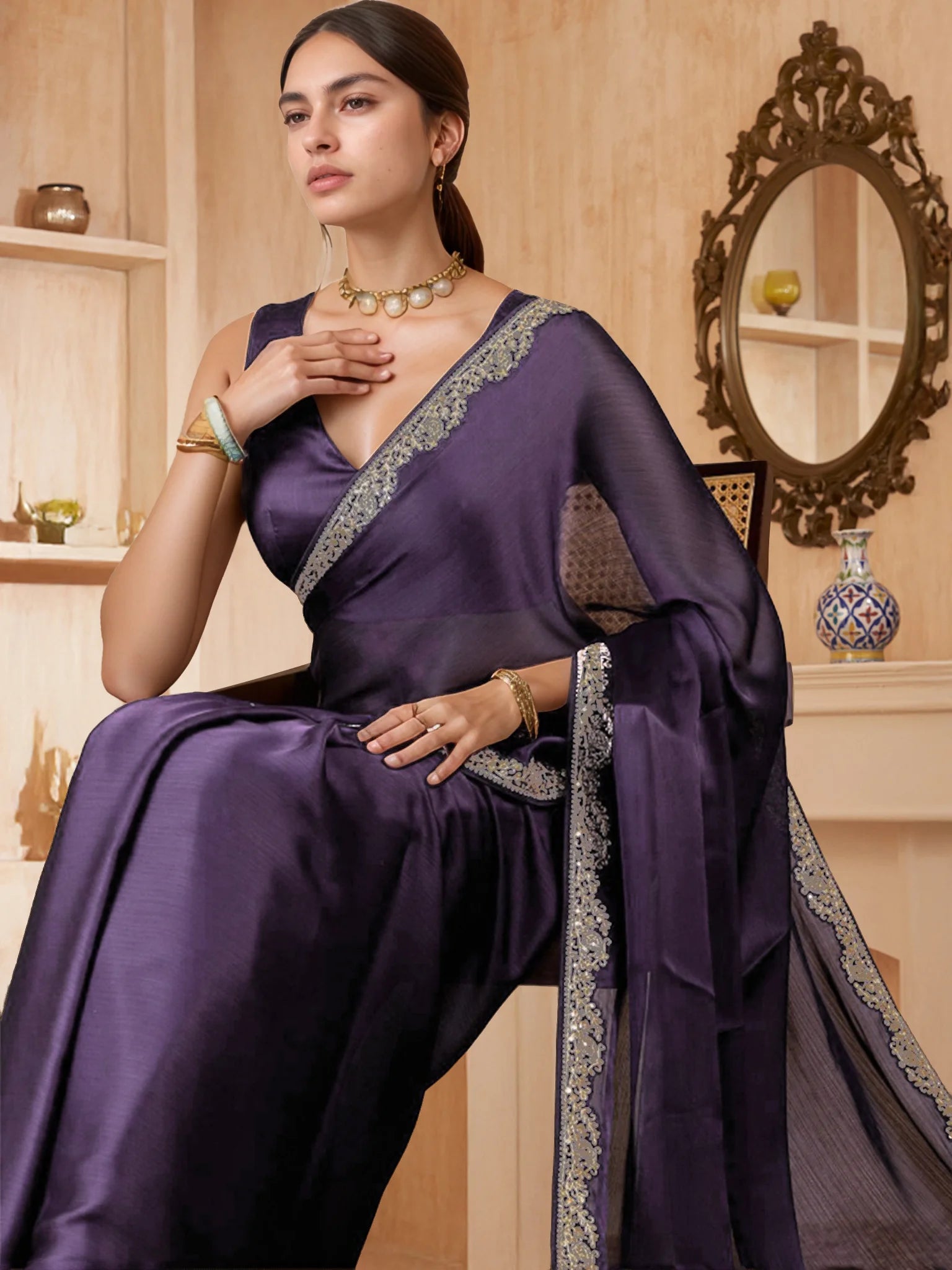 Lavender Plain Silk Saree With Plain Blouse - Rheycart
