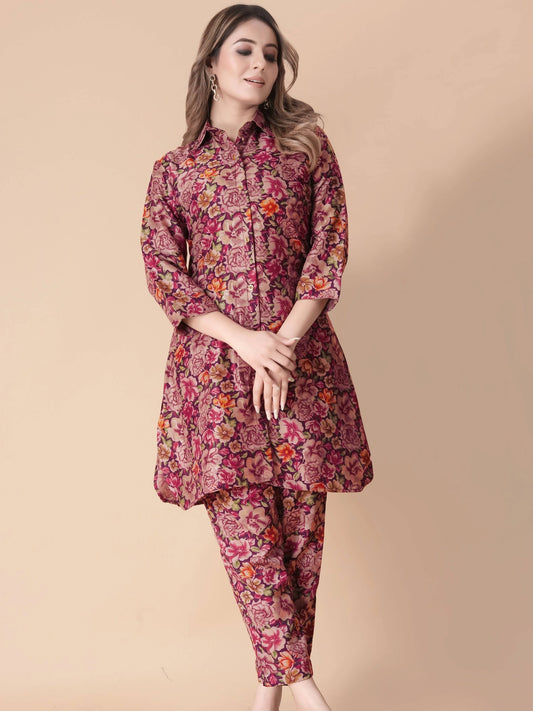 Red Floral Printed Rayon Cotton Co-ord Set - Rheycart