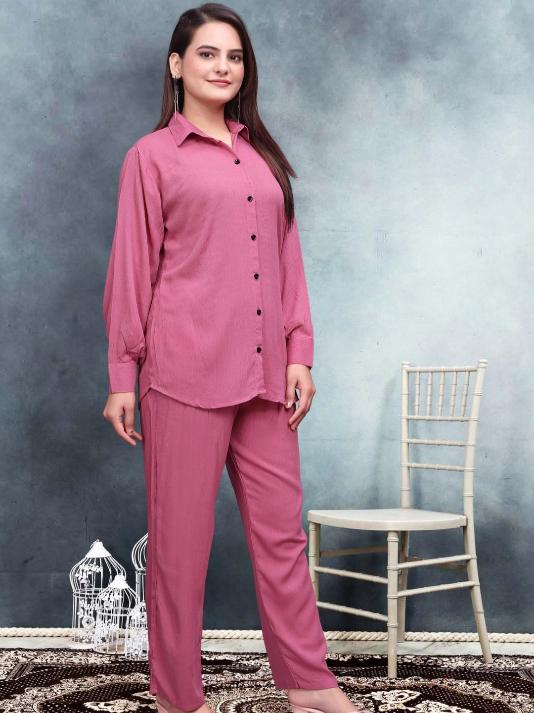 Crinkle Cotton Pink Long Sleeves Co-ord Set - Rheycart