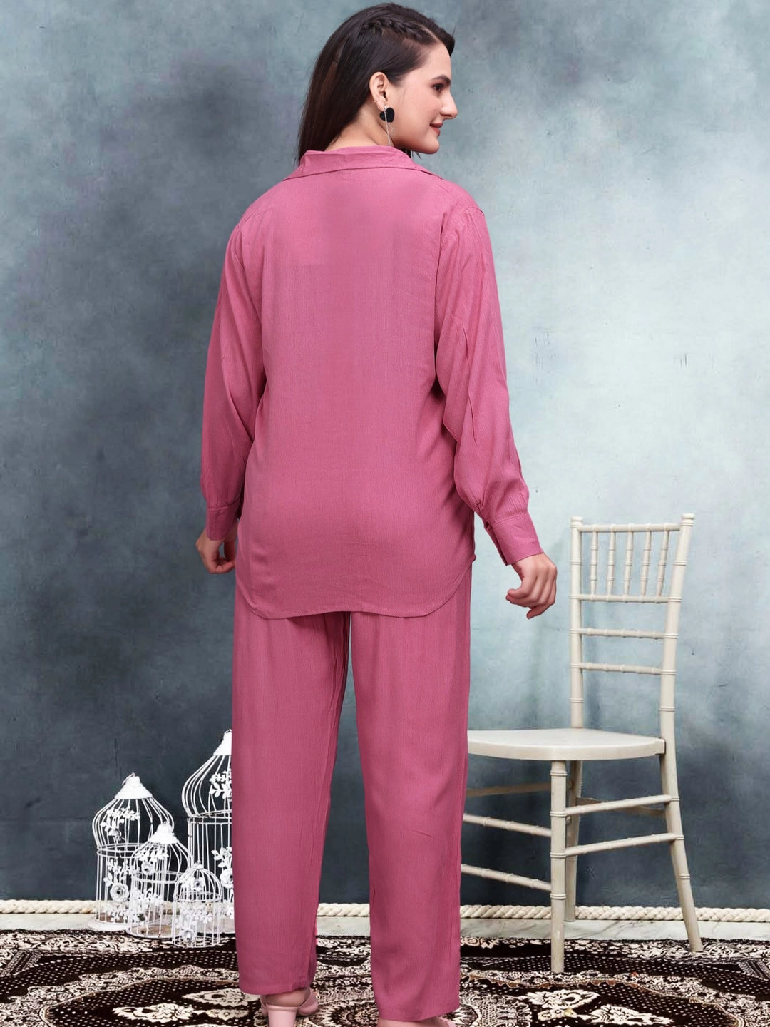 Crinkle Cotton Pink Long Sleeves Co-ord Set - Rheycart