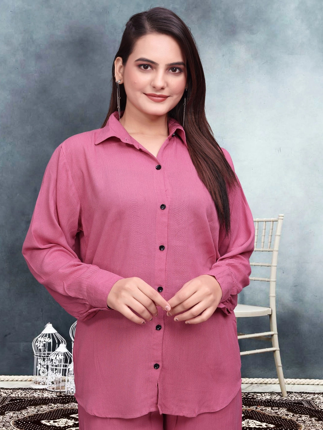 Crinkle Cotton Pink Long Sleeves Co-ord Set - Rheycart