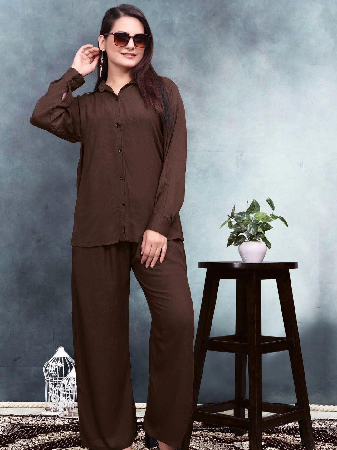 Stylish Brown Crinkle Cotton Co-ord Set For Women - Rheycart