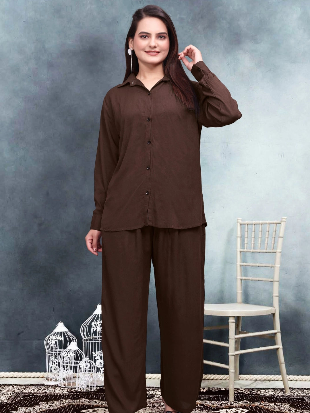 Stylish Brown Crinkle Cotton Co-ord Set For Women - Rheycart