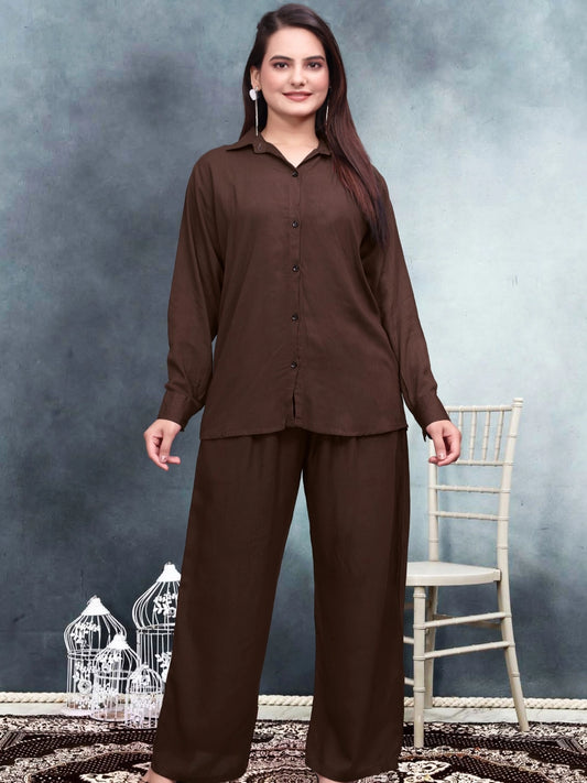 Stylish Brown Crinkle Cotton Co-ord Set For Women - Rheycart