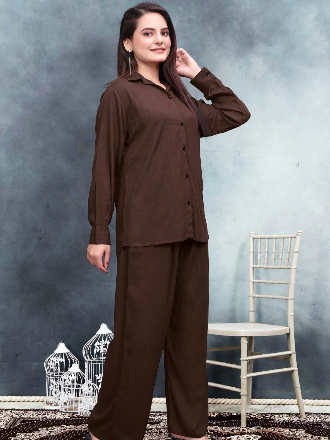Stylish Brown Crinkle Cotton Co-ord Set For Women - Rheycart