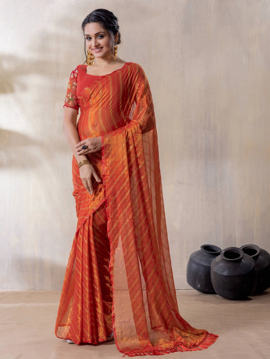 Silk Blend Orange Saree With Embroidered Unstitched Blouse Piece