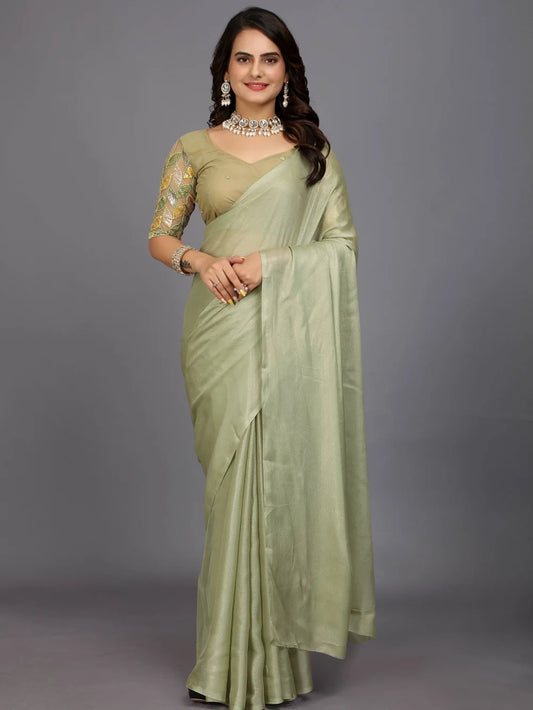 Light Green Bollywood Style Solid Silk Blend Saree