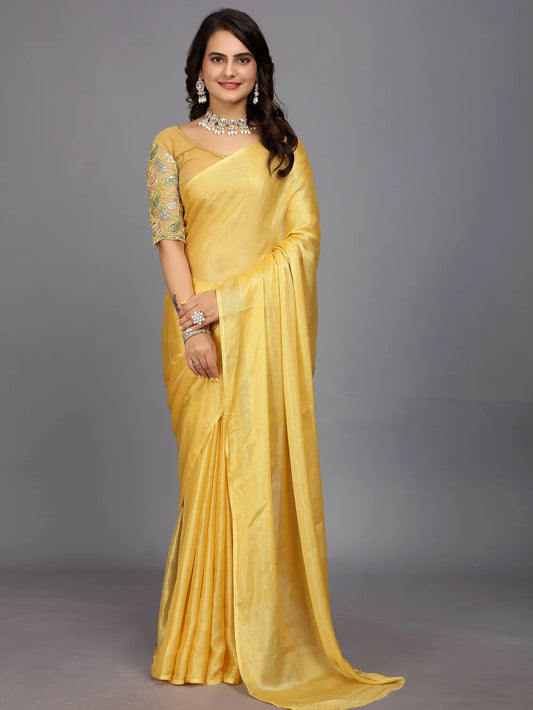 Silk Blend Yellow Bollywood Style Plain Saree