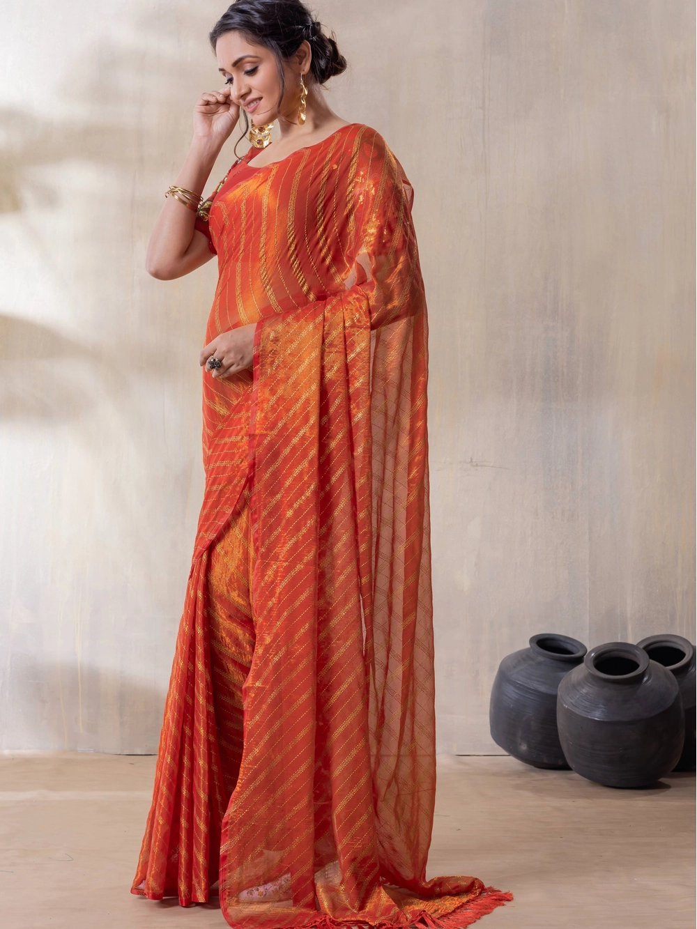 Silk Blend Orange Saree With Embroidered Unstitched Blouse Piece