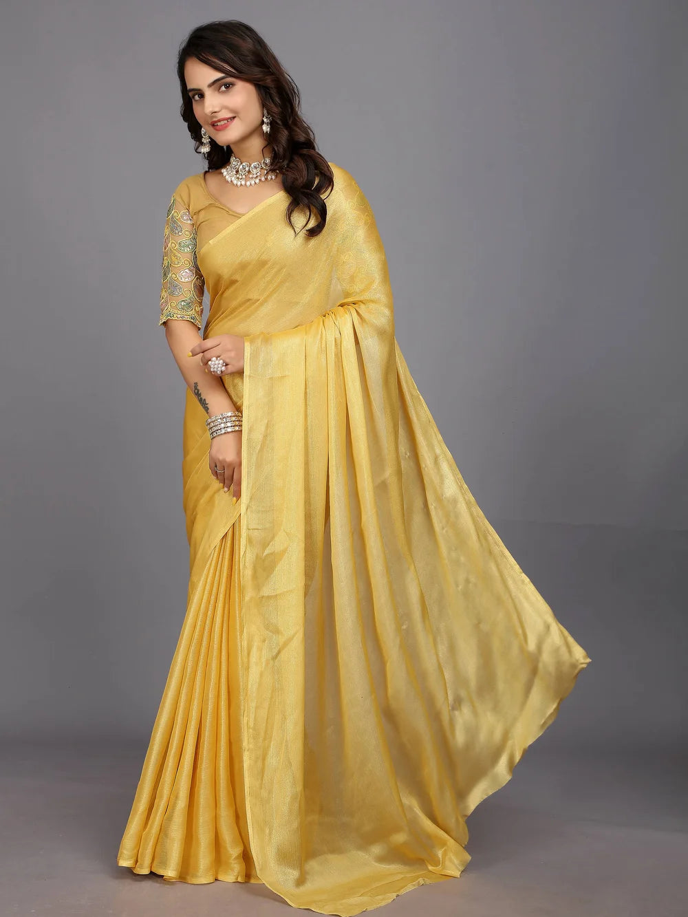 Silk Blend Yellow Bollywood Style Plain Saree