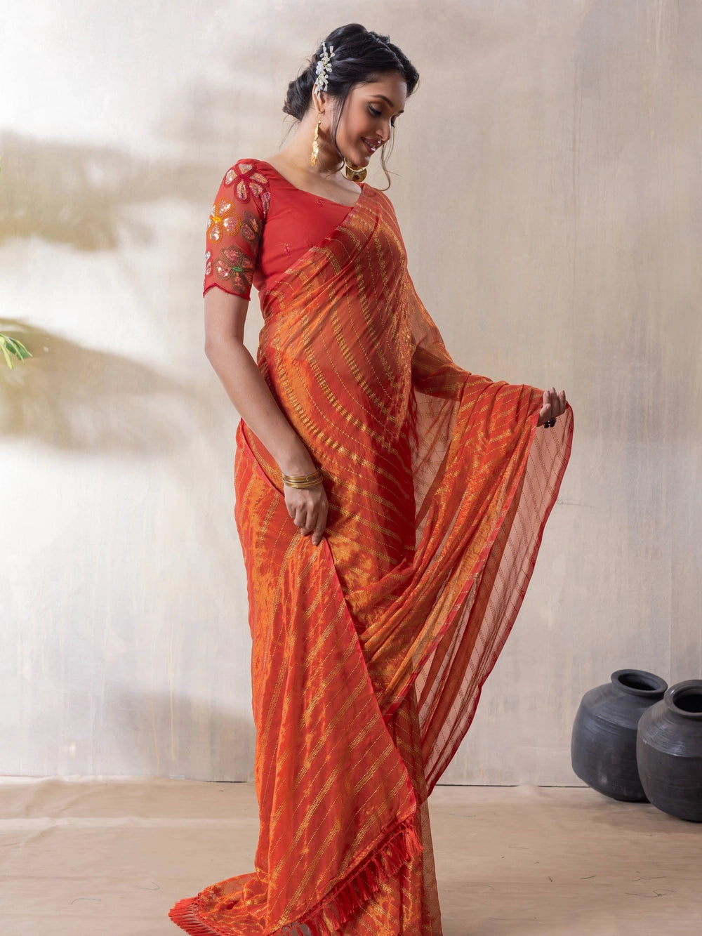 Silk Blend Orange Saree With Embroidered Unstitched Blouse Piece