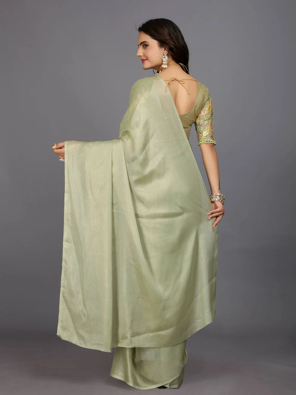 Light Green Bollywood Style Solid Silk Blend Saree