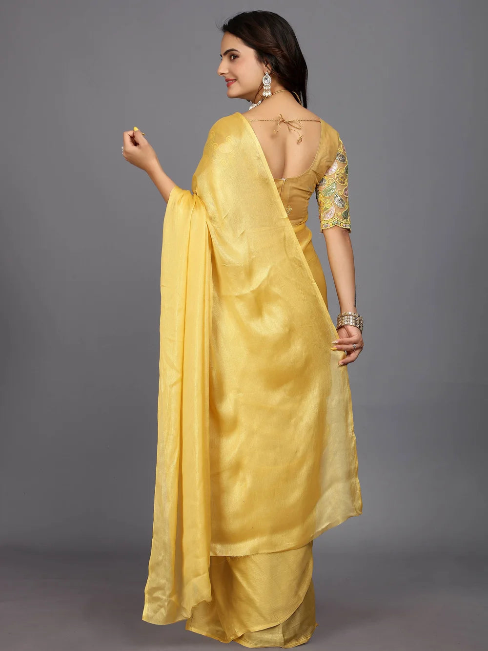 Silk Blend Yellow Bollywood Style Plain Saree