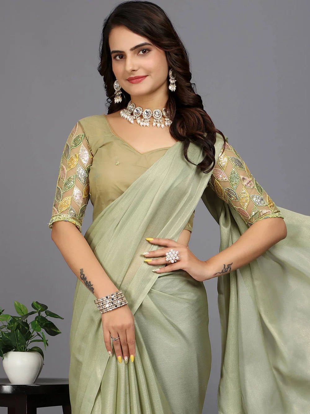 Light Green Bollywood Style Solid Silk Blend Saree