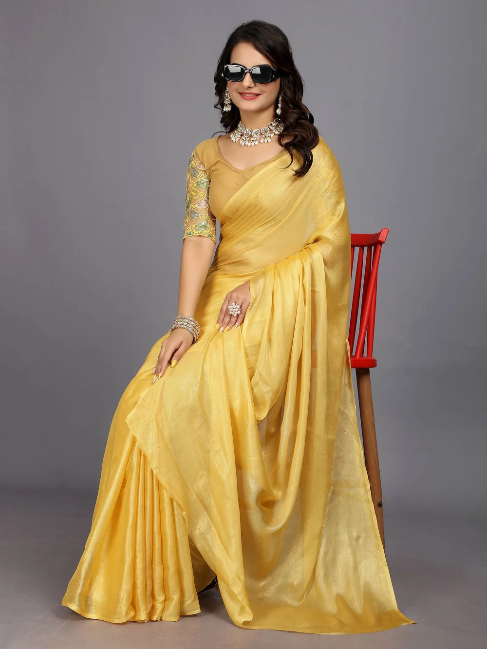 Silk Blend Yellow Bollywood Style Plain Saree