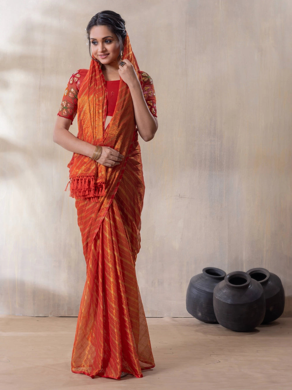 Silk Blend Orange Saree With Embroidered Unstitched Blouse Piece