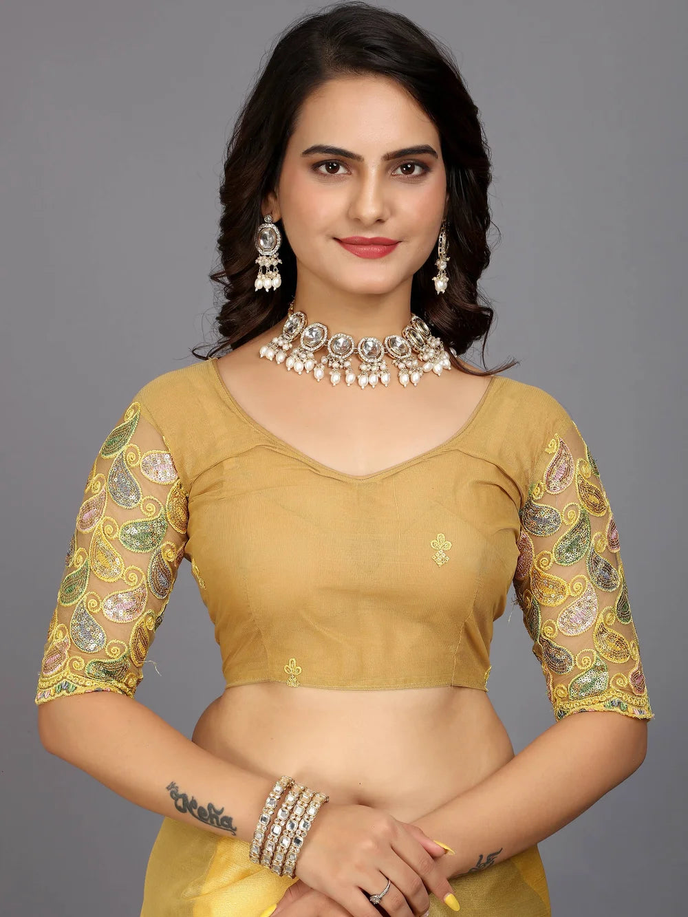 Silk Blend Yellow Bollywood Style Plain Saree