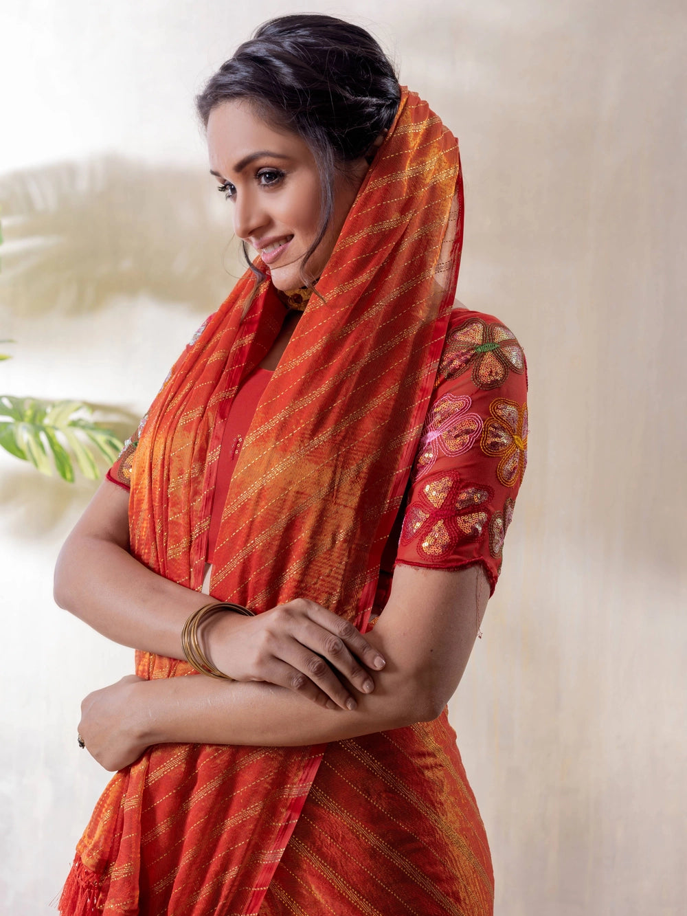 Silk Blend Orange Saree With Embroidered Unstitched Blouse Piece