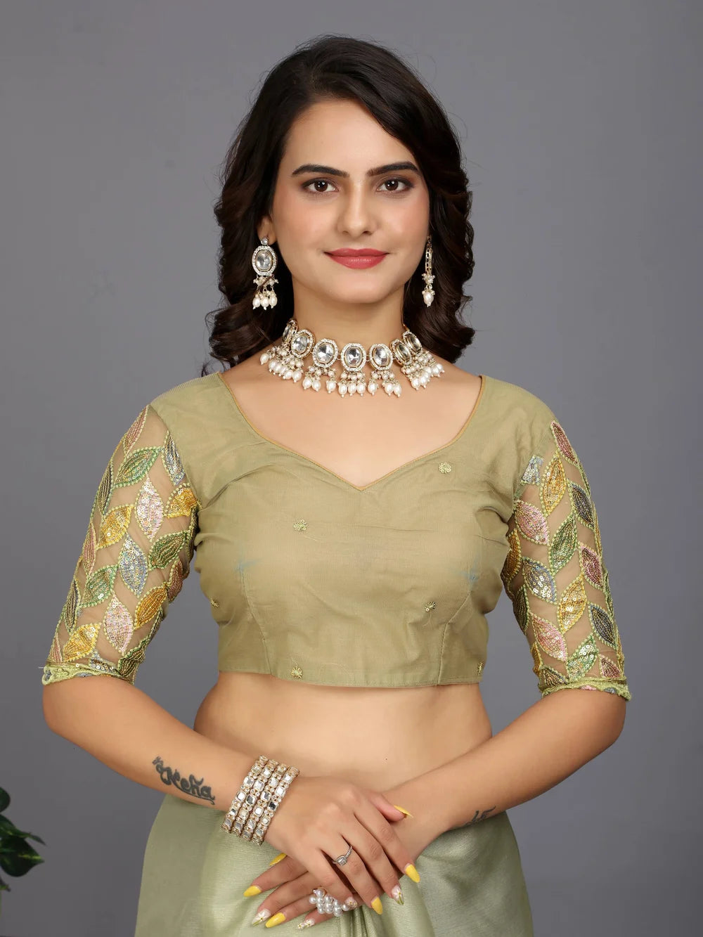 Light Green Bollywood Style Solid Silk Blend Saree