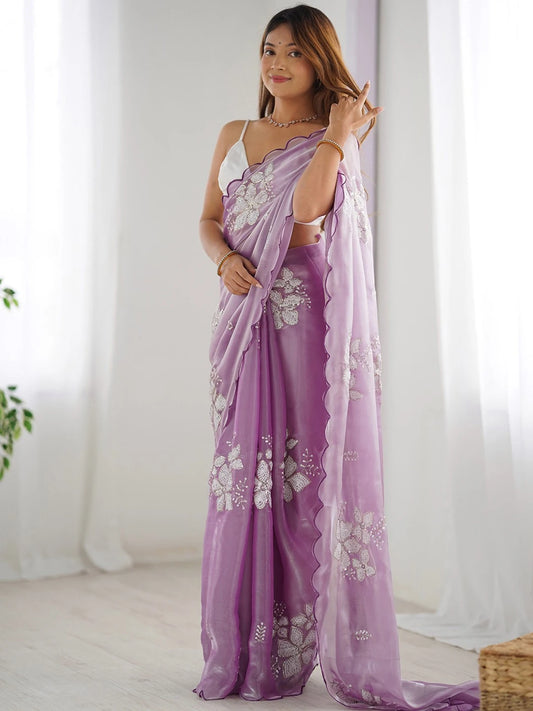 Lavender Jimmy Choo Embroidery Sequence Chiffon Saree - Rheycart