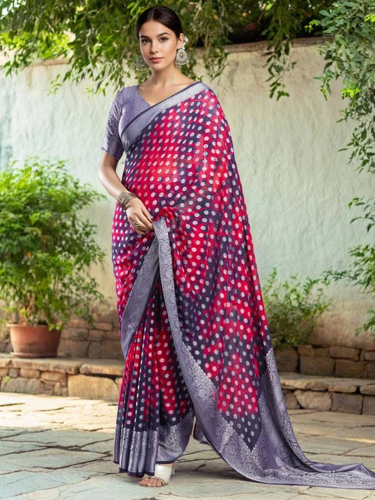 Red Weaving Dot Jacquard Georgette Saree