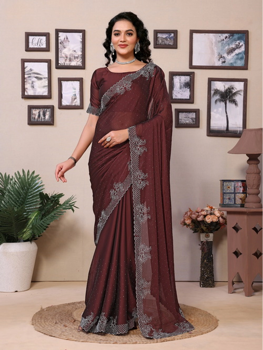 Embellished Rangoli Silk Brown Diamond Work Saree