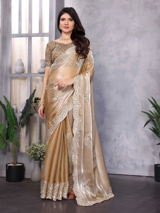 Beige Color Chiffon Embroidery Jimmy Choo Style Saree - Rheycart