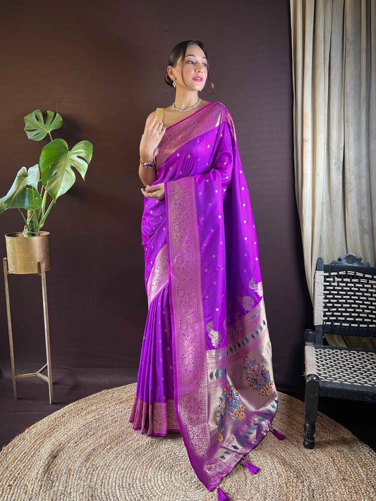Paithani Silk Violet Saree With Woven Design - Rheycart