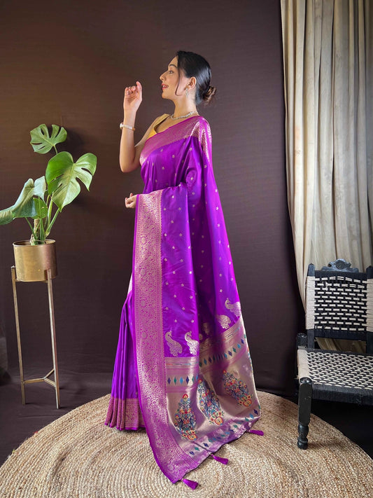Paithani Silk Violet Saree With Woven Design - Rheycart